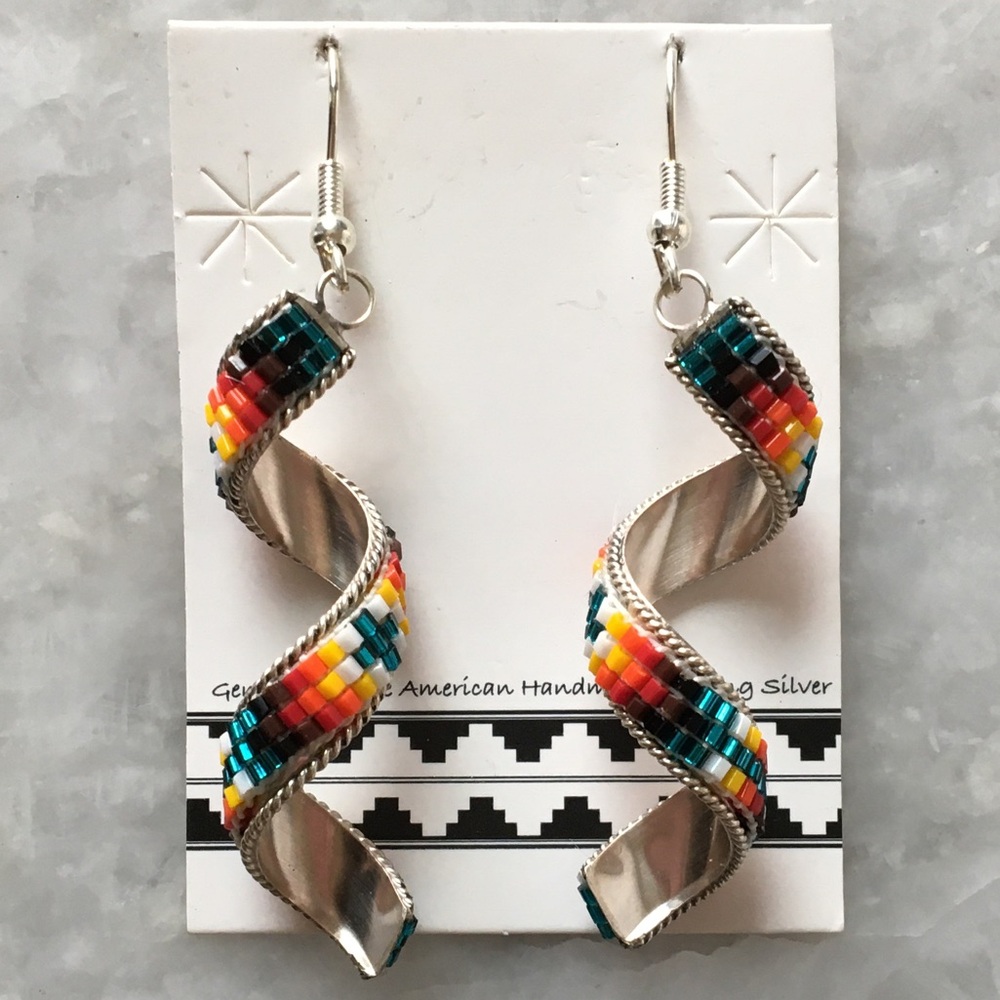 Native American Handmade Sterling Silver Spiral Earrings w/Multicolor Seed Beads